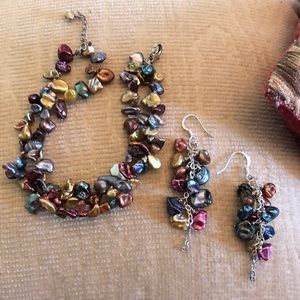 natural genuine freshwater cultured pearl bracelet & earrings set